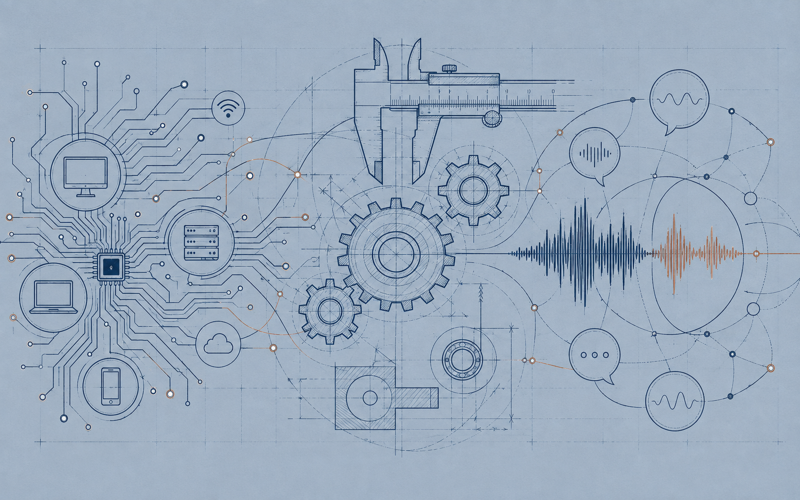 Abstract blueprint connecting computer systems, mechanical tools, and customer communication